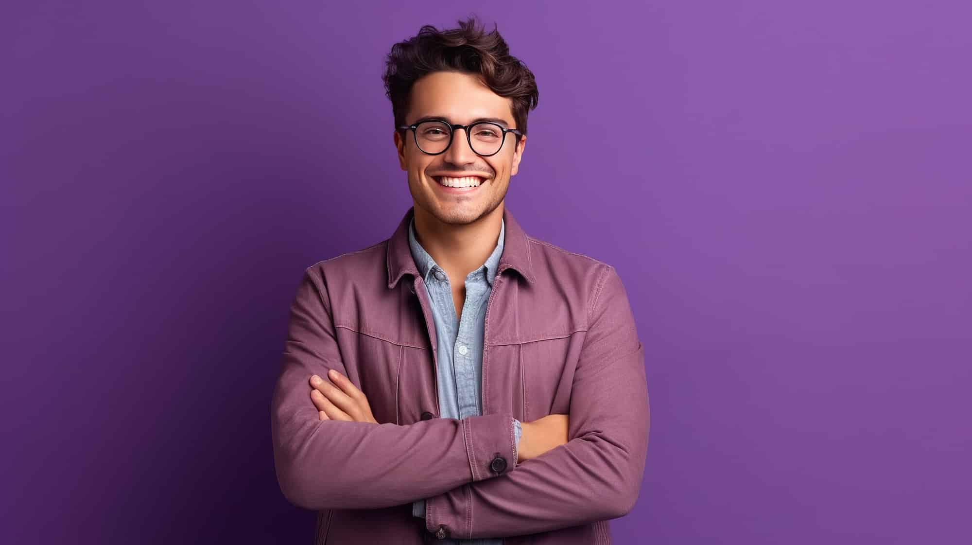 Portrait d'un jeune homme souriant devant un mur violet. Cette image illustre bien l'article "Pourquoi faire le choix d'un coach emploi aujourd'hui ?" qui parle de coach emploi pour le blog trouve ton emploi