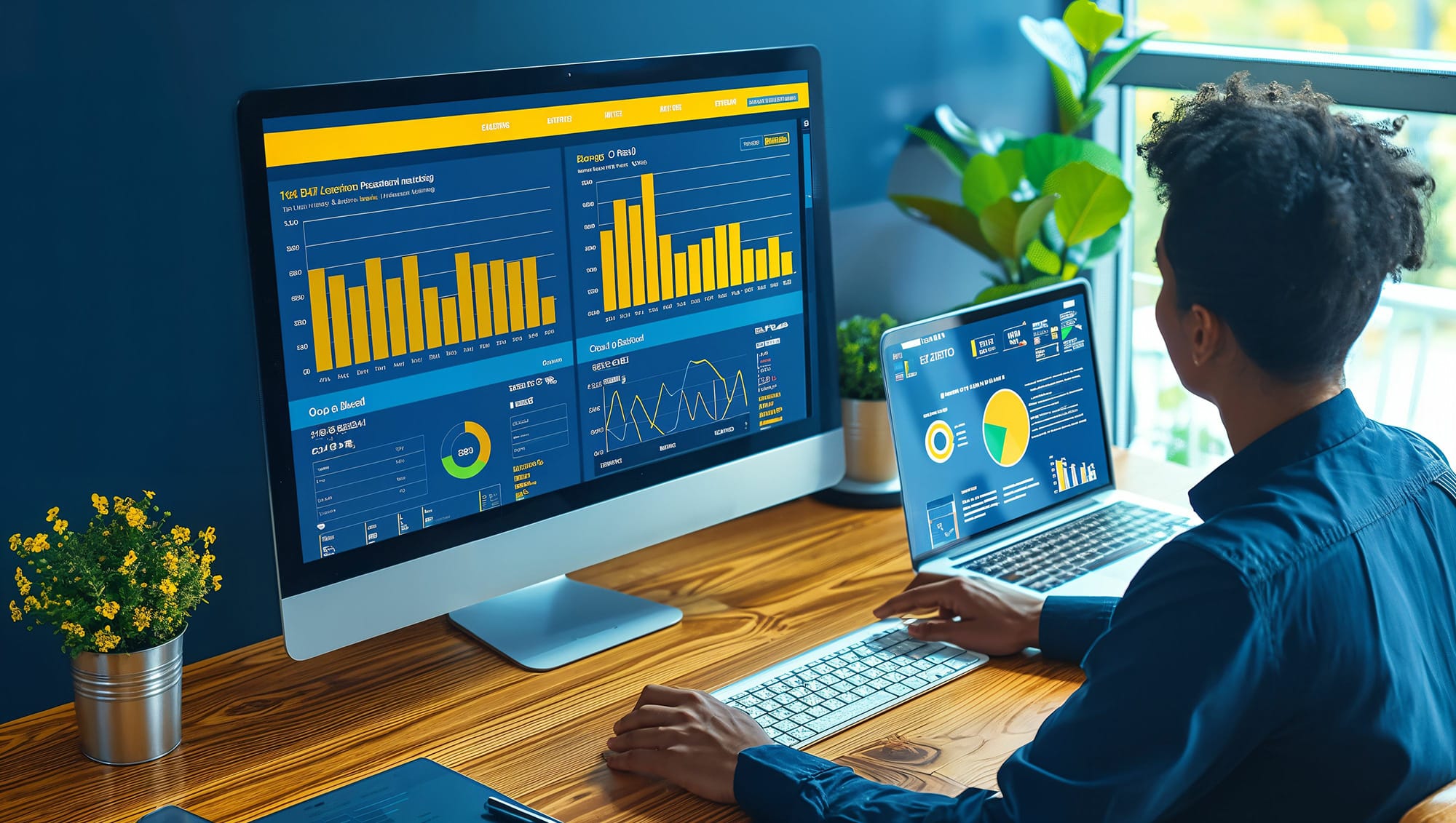 Un jeune homme assis devant son bureau devant un grand ordinateur pc et un ordinateur portable, avec des infographies montrant différents tableaux de croissance. Image qui illustre bien l'optimisation d'une candidature pour un l'article Pourquoi il est indispensable d'optimiser sa candidature dans la recherche d'emploi ? du blog trouve ton emploi.