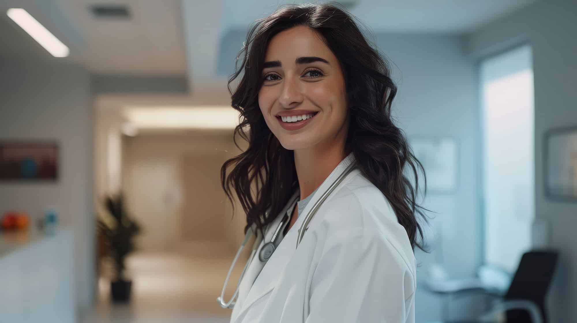 Une femme souriante, portant une blouse de médecin avec un stéthoscope autour du cou, dans un hôpital